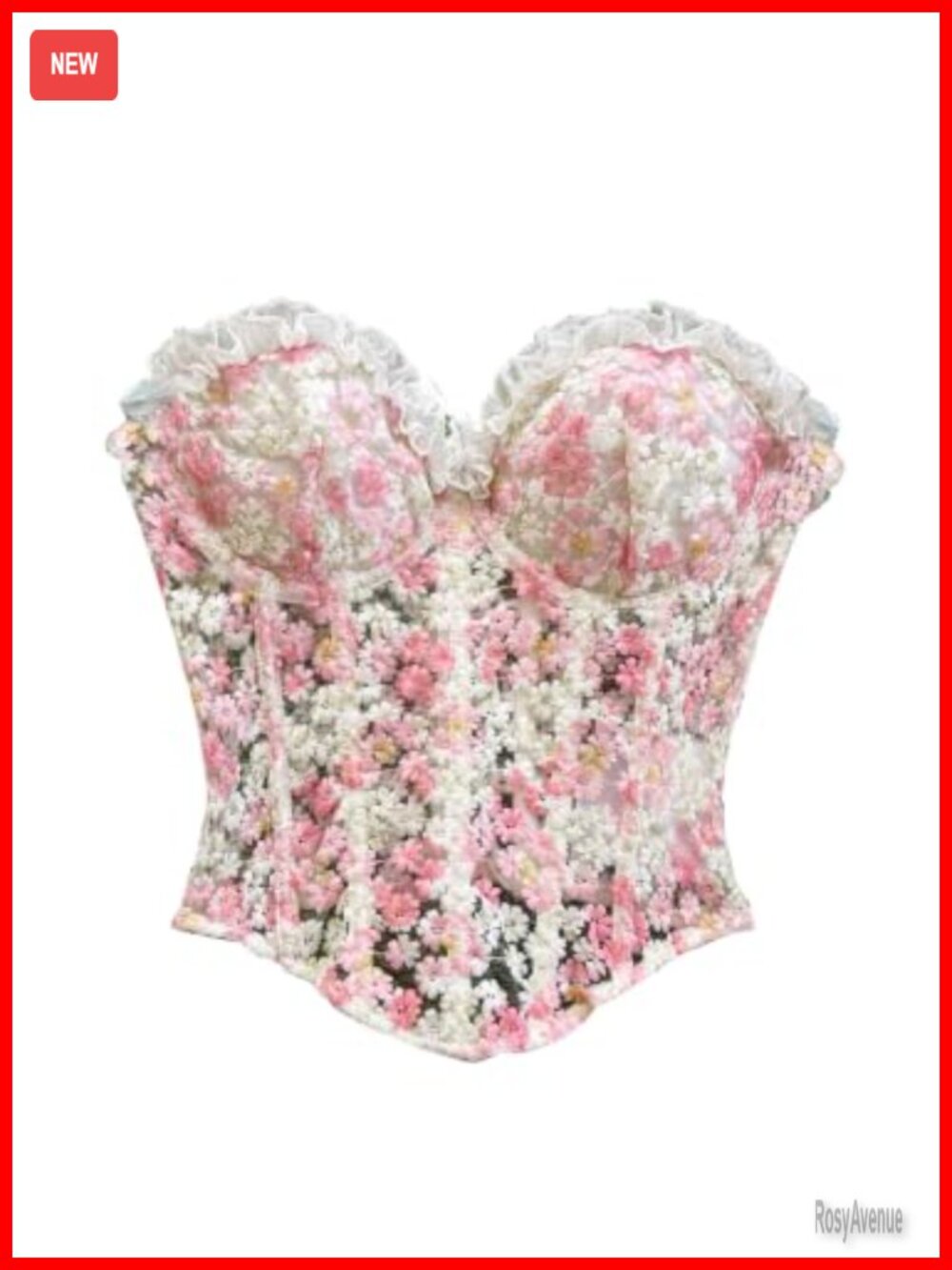 Floral Corset Top Sheer Ruffle Lace Up Bustier Crop Top Strapless